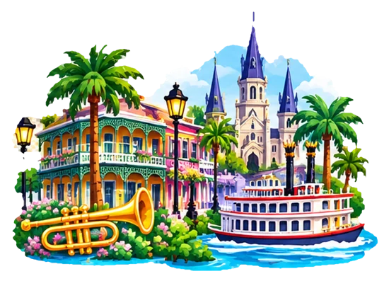 French Quarter balconies, trumpet and riverboat